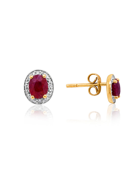 Natural Ruby & Diamond Halo Stud Earring, 9K Yellow Gold.