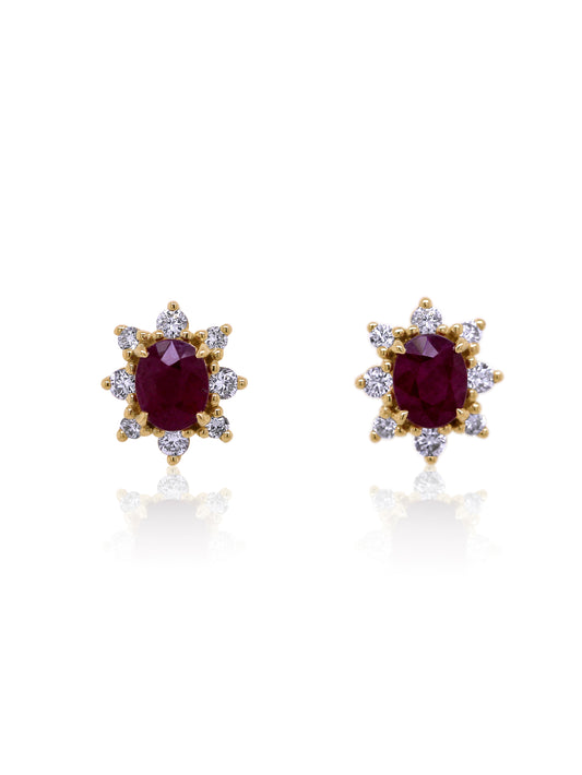 Natural Ruby & 0.28 Carat Diamond Earrings in 9 Carat Yellow Gold