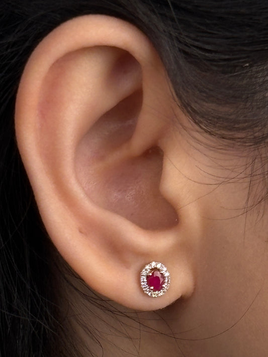 3x4mm Oval Ruby & 0.11 Carat Diamond Earrings in 9 Carat Yellow Gold