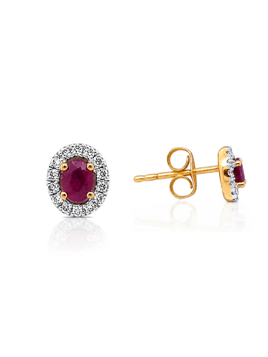 3x4mm Oval Ruby & 0.11 Carat Diamond Earrings in 9 Carat Yellow Gold