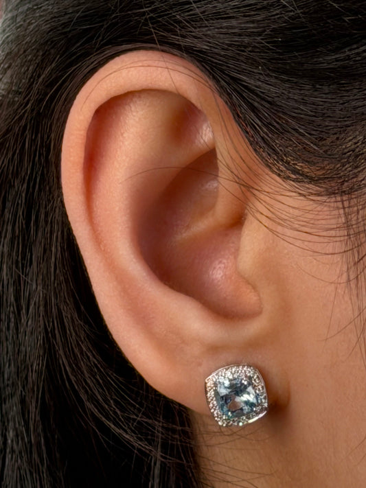 Aquamarine & Lab Grown Diamond Studs, 9K White Gold