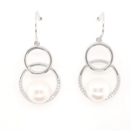 Freshwater Pearl and CZ Set Circle Drop Earrings
