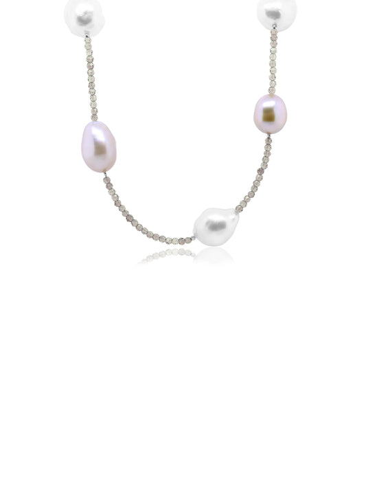 Smokey Quartz & 18x South Sea pearl necklet, 90cm