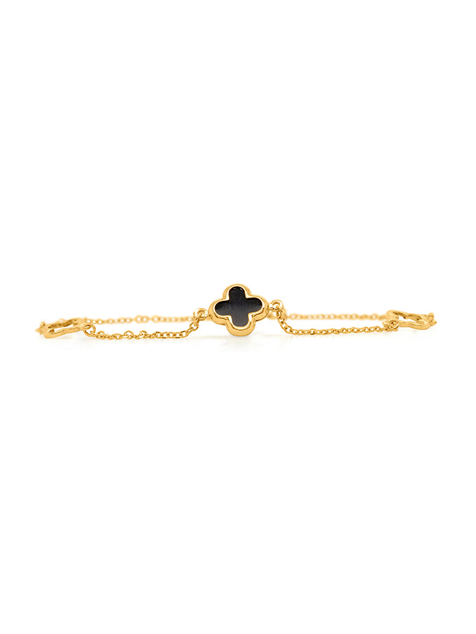 18.5cm Open Clover & Onyx Bracelet in 9 Carat Yellow Gold