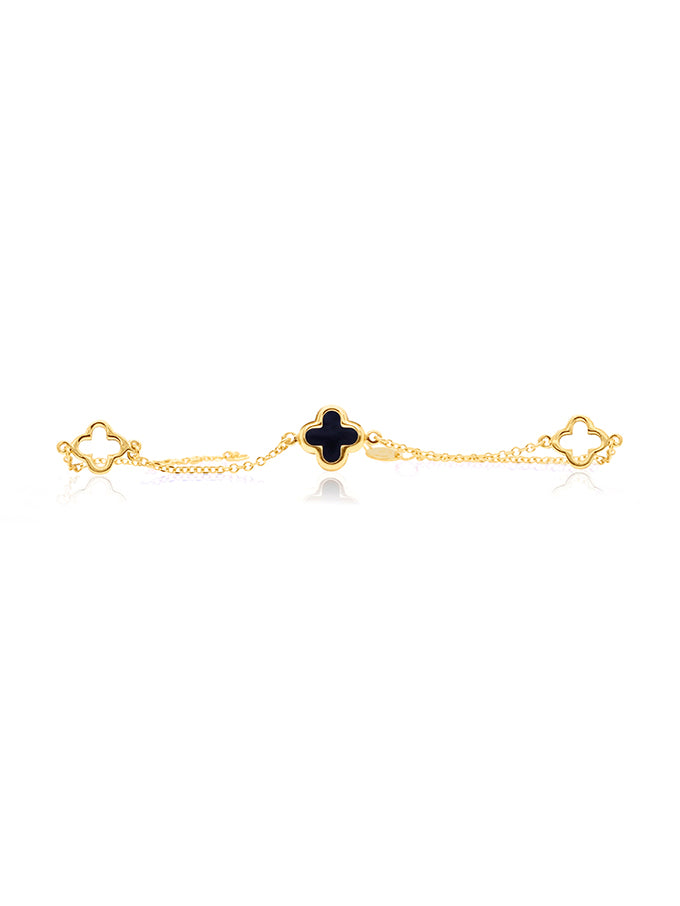 18.5cm Open Clover & Onyx Bracelet in 9 Carat Yellow Gold