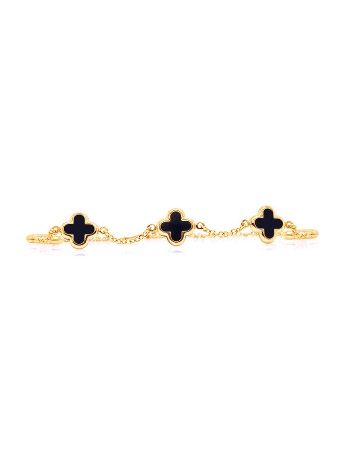 Bracelet with 5xOnyx Clover, 9 Carat Yellow Gold.