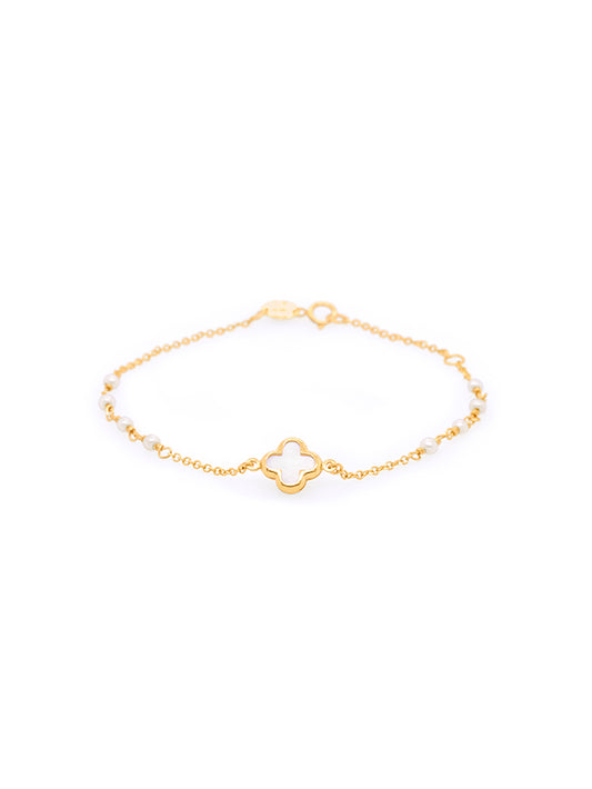 Pearl & Mother Of Pearl Set Clover Bracelet in 9 Carat Yellow Gold