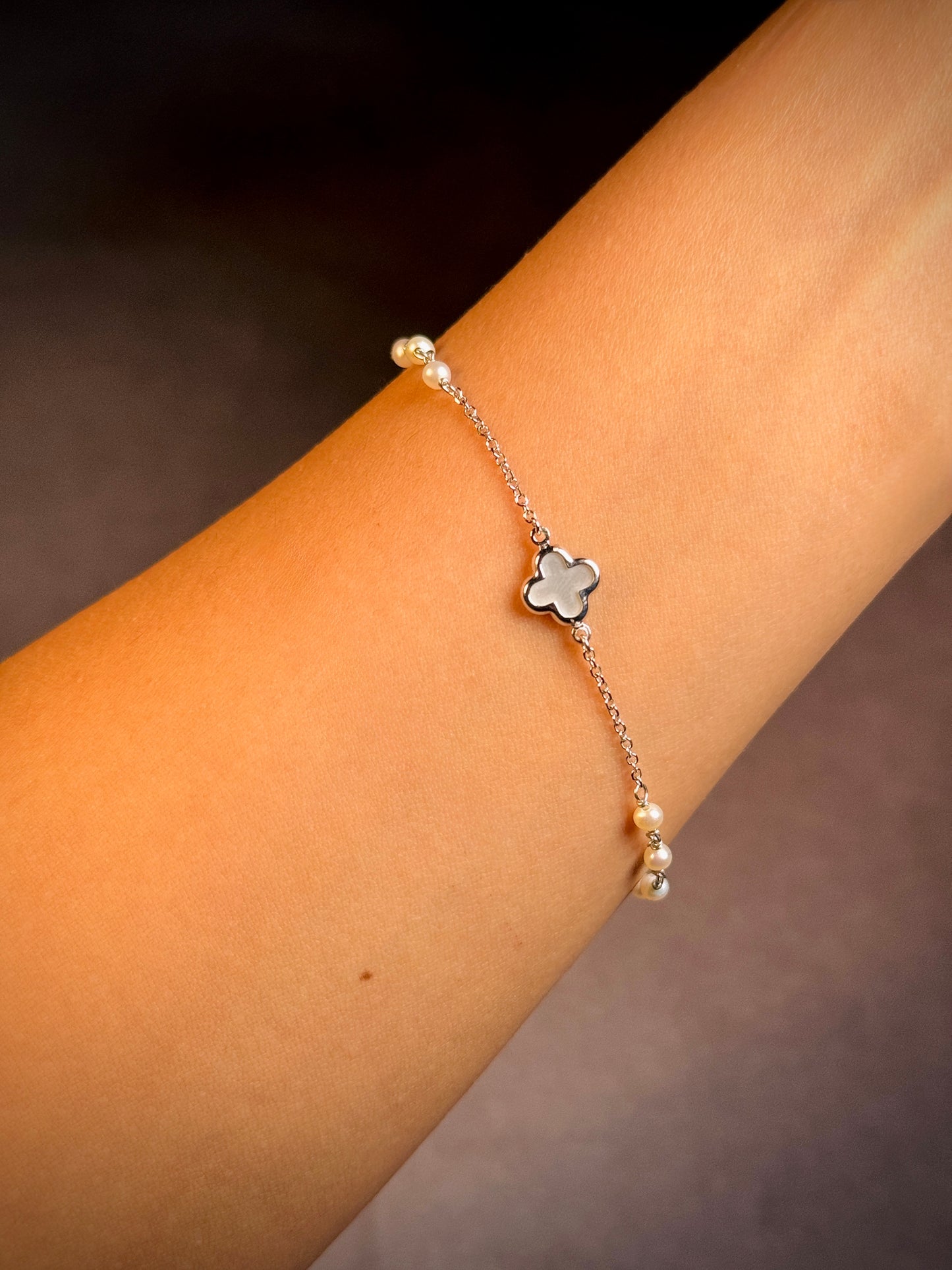 Pearl & Mother Of Pearl Set Clover Bracelet in 9 Carat White Gold