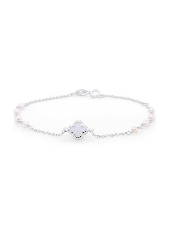 Pearl & Mother Of Pearl Set Clover Bracelet in 9 Carat White Gold