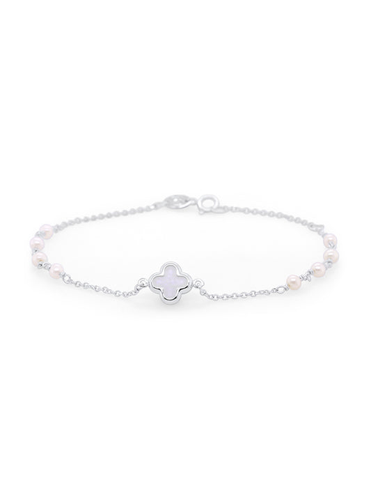 Pearl & Mother Of Pearl Set Clover Bracelet in 9 Carat White Gold