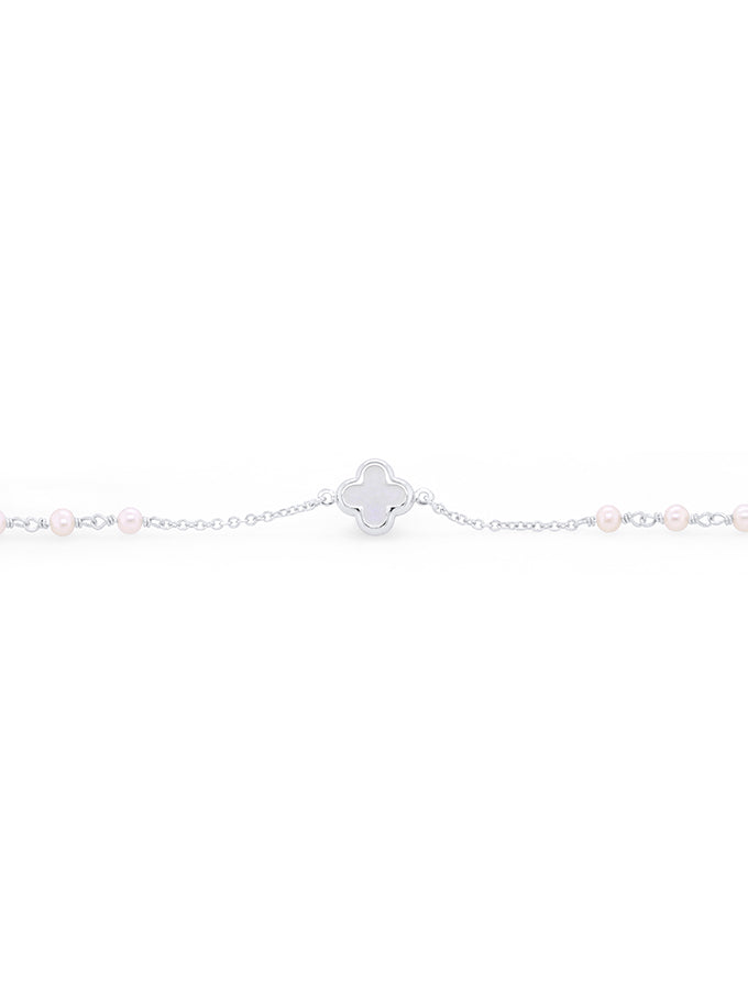 Pearl & Mother Of Pearl Set Clover Bracelet in 9 Carat White Gold