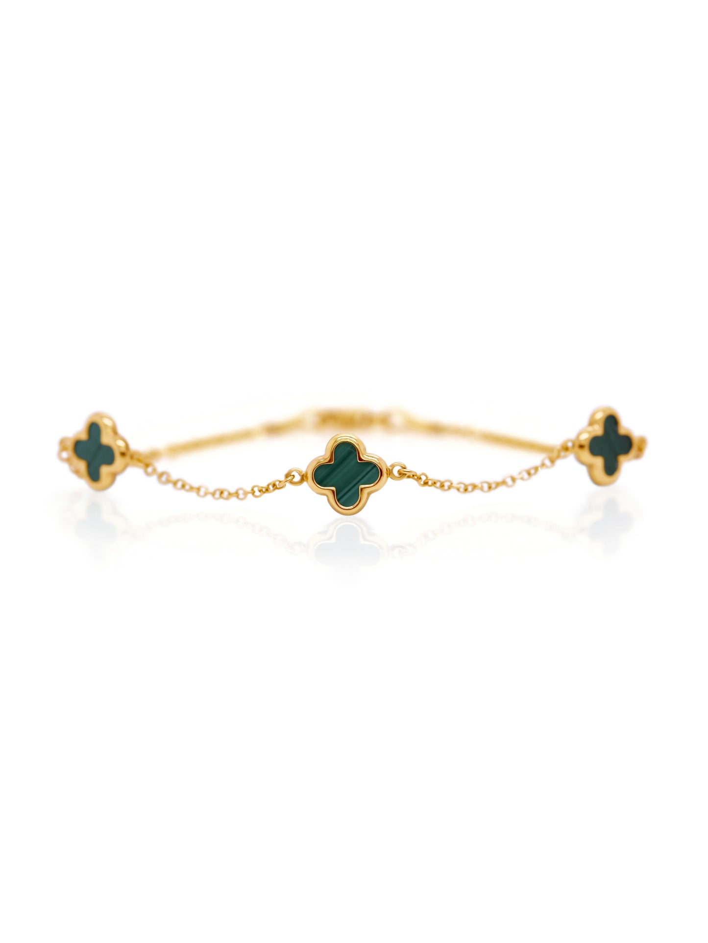 Malachite Clover Bracelet, 9 Carat Yellow Gold