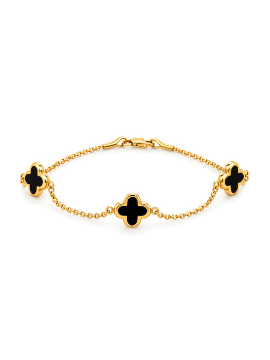 Black Onyx Clover Bracelet, 9K Yellow Gold