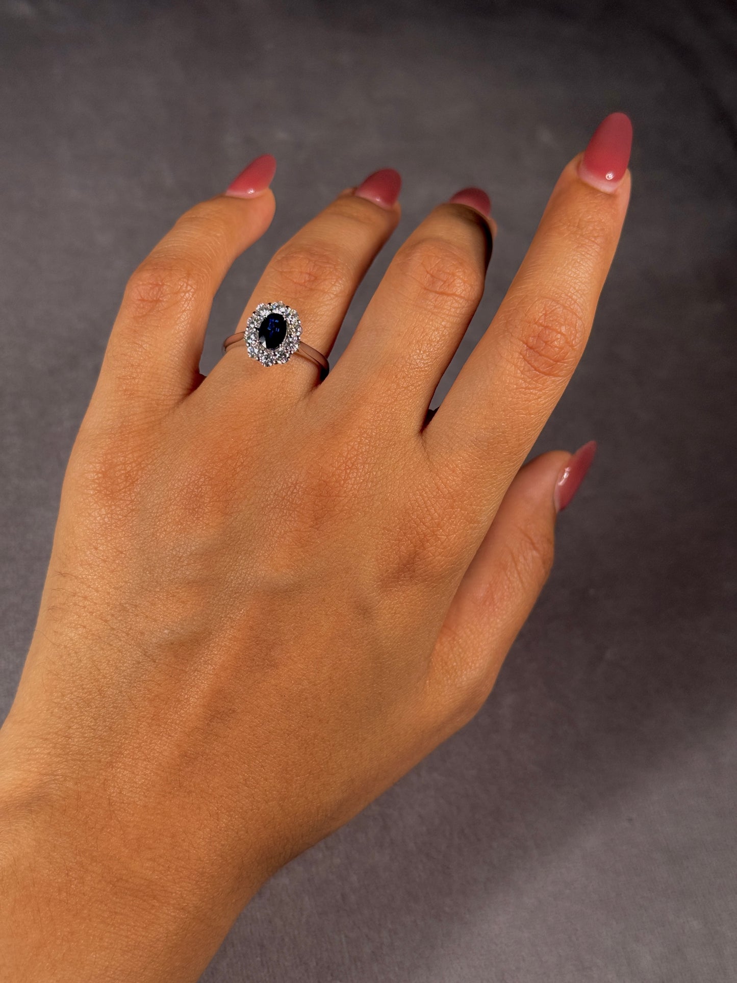Lab Grown Diamond & Natural Sapphire Cluster Ring in 18K White Gold.