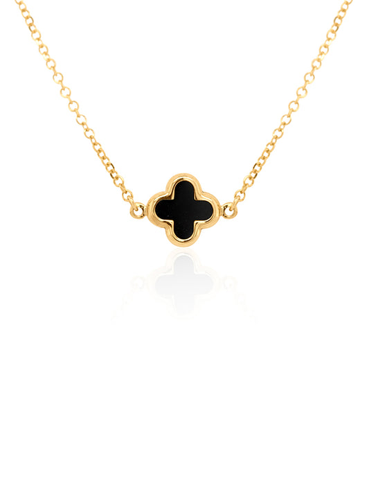 Black Onyx Clover Necklet, 9K Yellow Gold, 43cm.