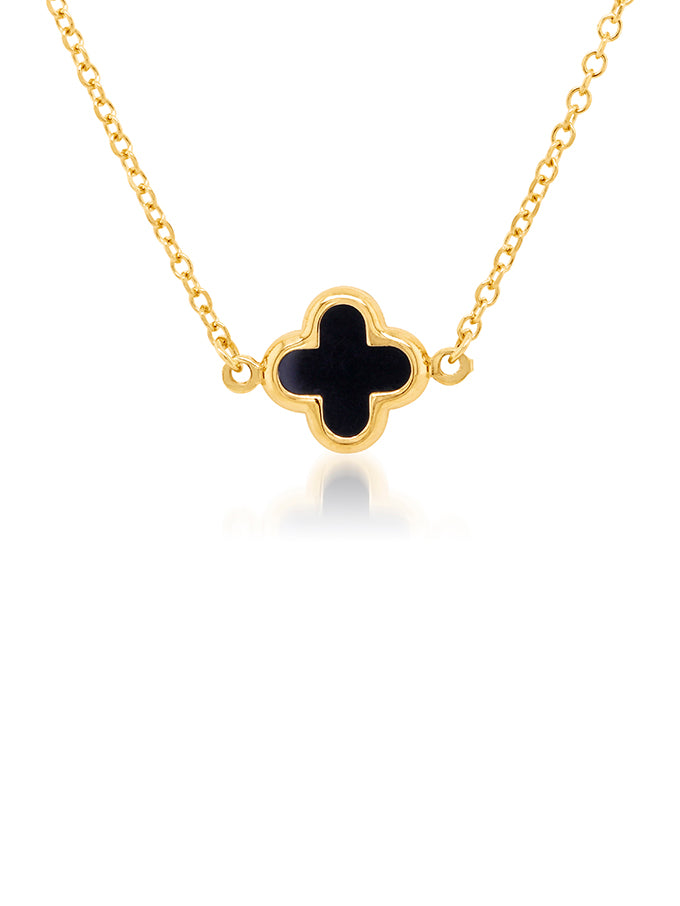 Cut Out Clover & Black Onyx Necklet in 9 Carat Yellow Gold