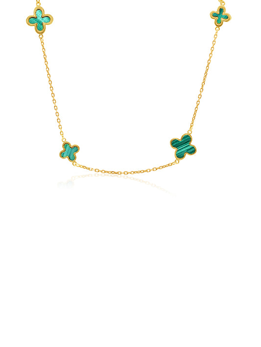 Flower Malachite Set Necklace in 9 Carat Yellow Gold, 44cm.