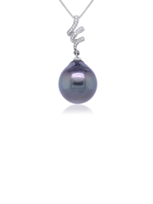 Tahitian Pearl & diamond spiral pendant 9k white gold 15mm.