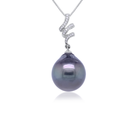 Tahitian Pearl & diamond spiral pendant 9k white gold 15mm.