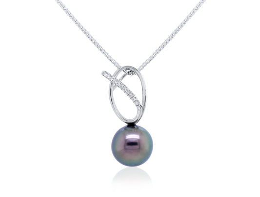 Tahitian Pearl & Diamond set pendant, 9K White Gold, 10mm.