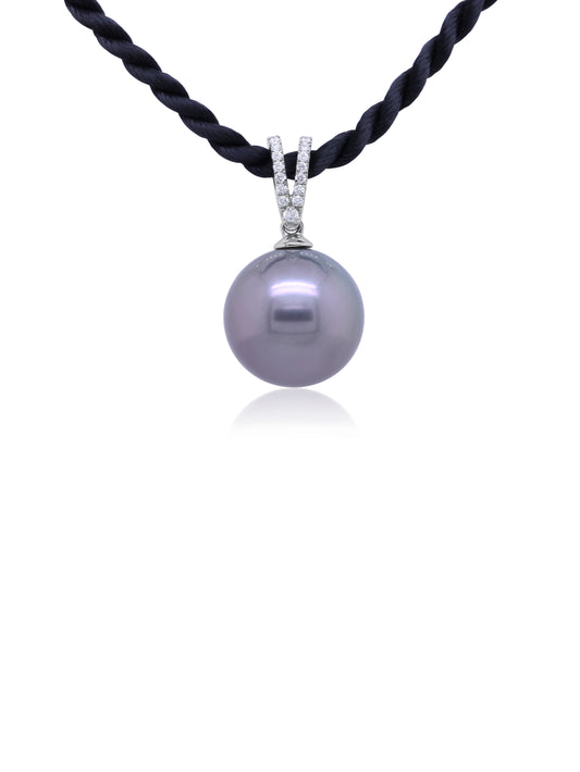 Tahitian Pearl & Diamond Set Pendant, 9K White Gold, 13mm.