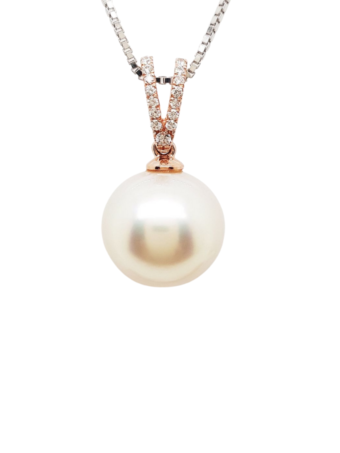 Fresh Water Pearl Pendant, Diamond Set, 9 Carat Rose Gold, 11-12mm