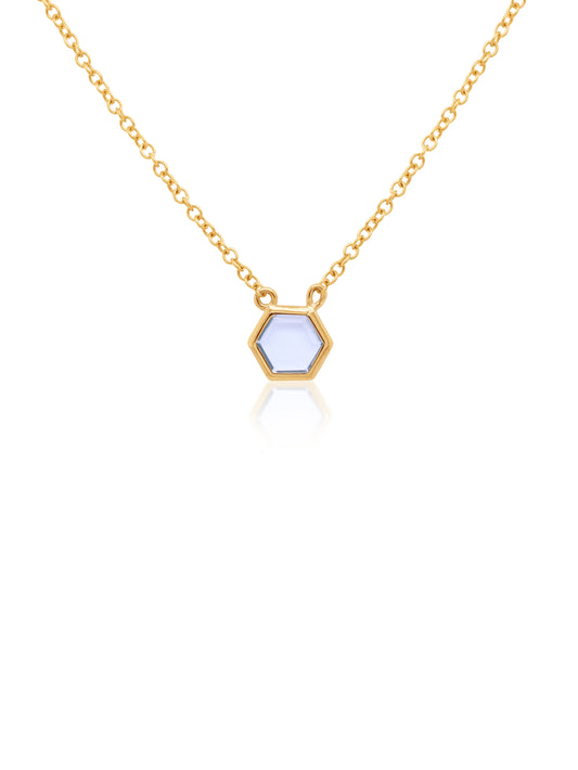 Hexagon Bezel Set Blue Topaz Necklace in 9 Carat Yellow Gold