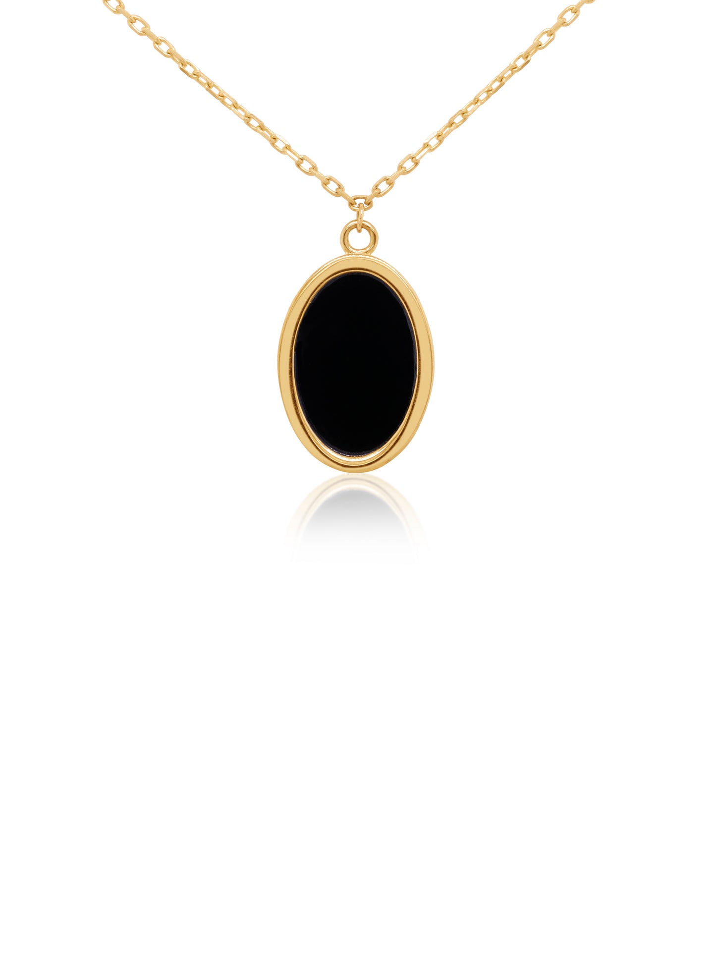 Black Onyx Oval Necklace on a 45cm chain set in 9 Carat Yellow Gold