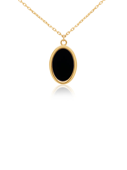 Black Onyx Oval Necklace on a 45cm chain set in 9 Carat Yellow Gold