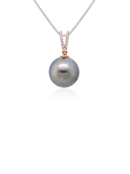 Rose Gold Tahitian Pearl & Diamond set pendant, 9K 13m T=0.08ct.