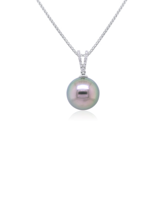 12mm Tahitian Pearl & Diamond Set Pendant, 9K White Gold.