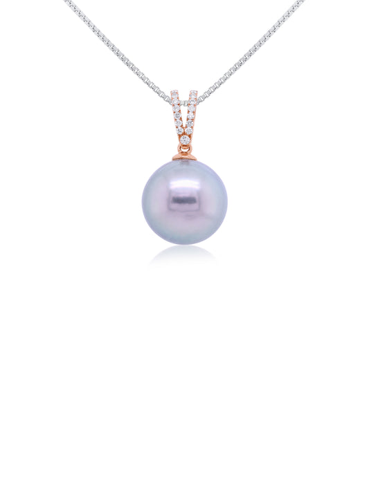 12mm Tahitian Pearl & Diamond Set Rose Gold Pendant, T=0.08ct.