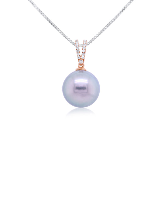 12mm Tahitian Pearl & Diamond Set Rose Gold Pendant, T=0.08ct.