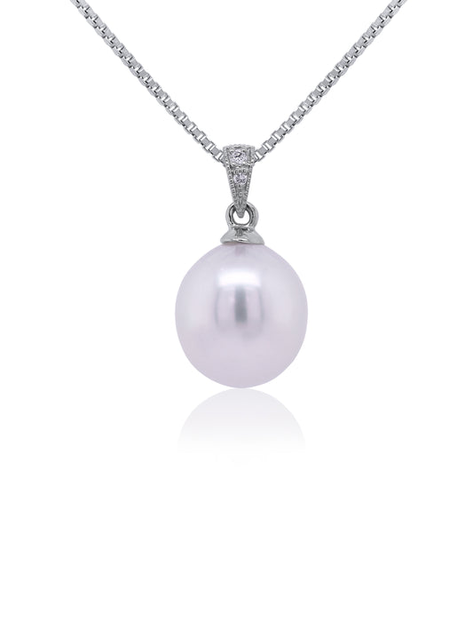 South Sea Pearl & Mill Grain Diamond Pendant in 9 Carat White Gold