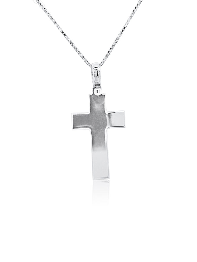 Cross 9K WG flat 3cm Square Edge, Polished, Silver Chain