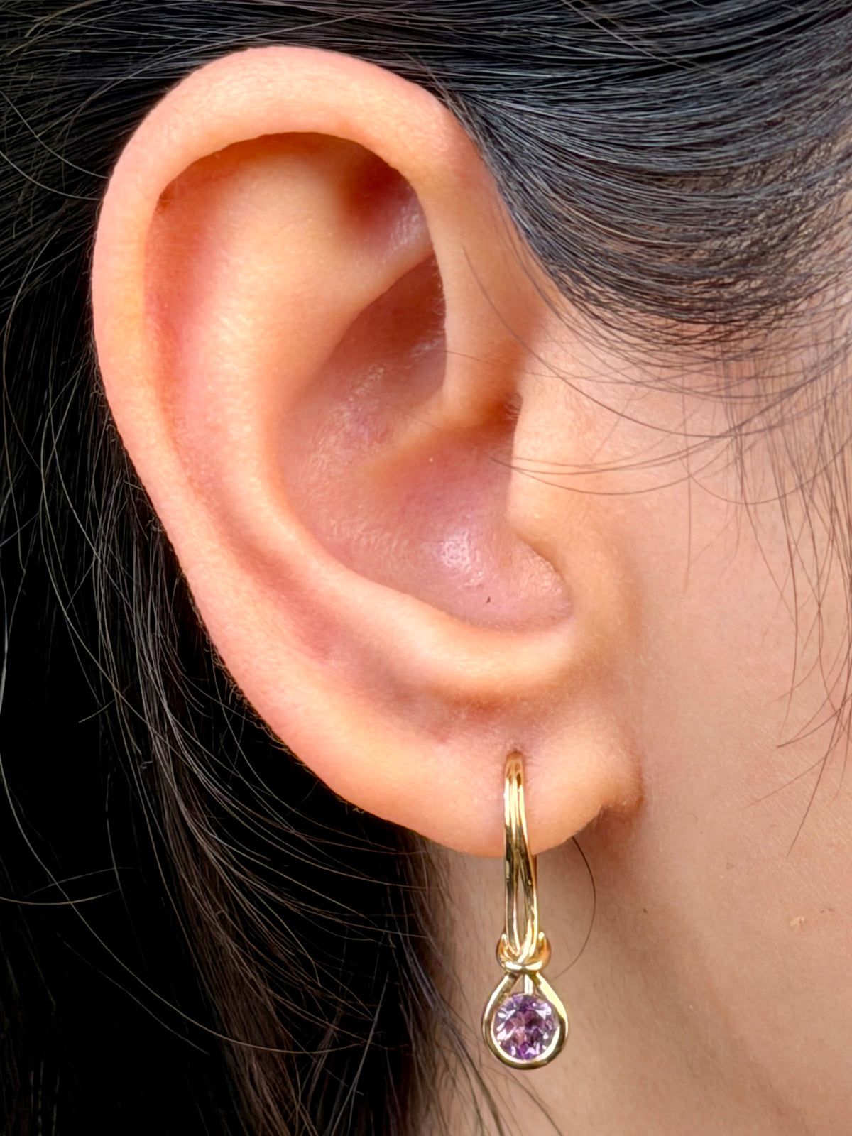 Amethyst Drop Ear Rings, 9K Yellow Gold.