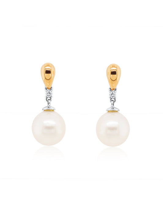 Freshwater Pearl  & Diamond stud drops, 18K Yellow Gold.