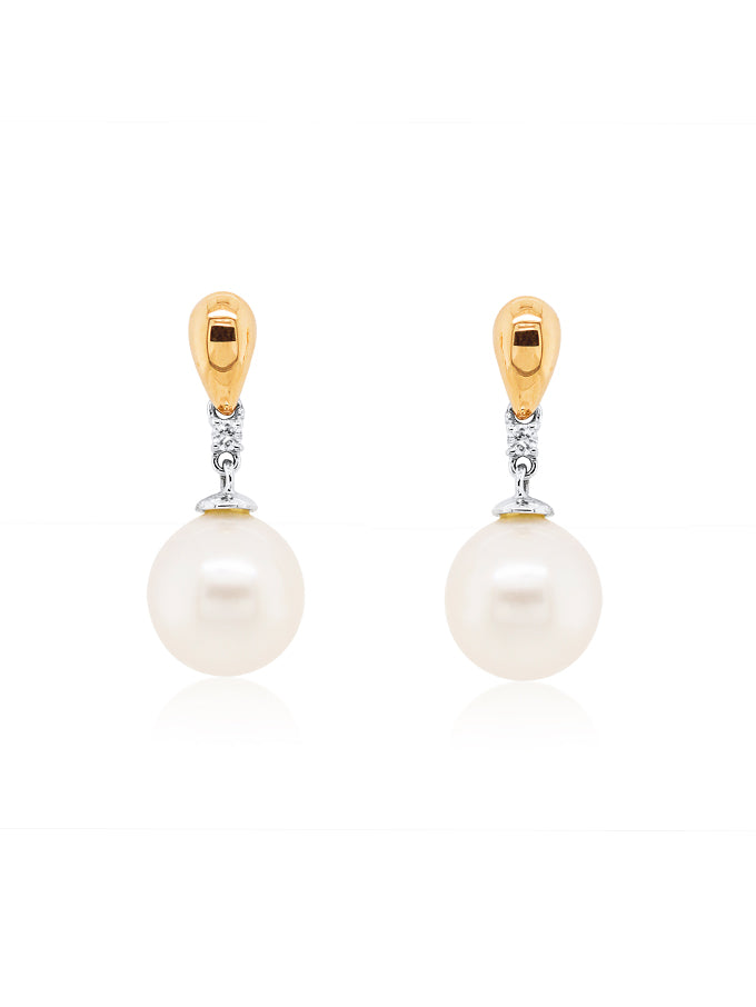 Freshwater Pearl  & Diamond stud drops, 18K Yellow Gold.