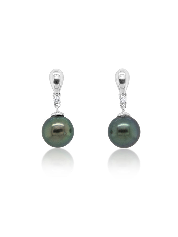 Tahitian Pearl & Diamond drop earrings, 18K White Gold, 10mm T=0.067ct