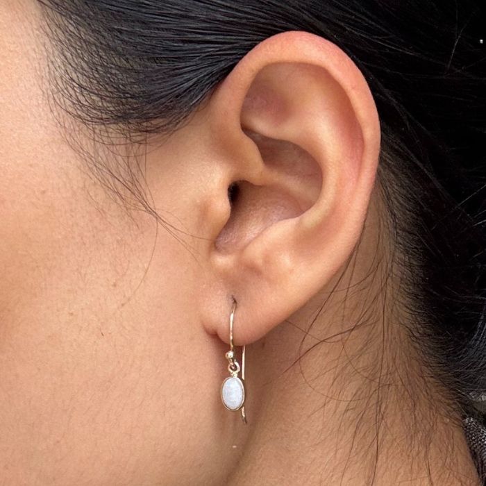 Striking Snowy White Solid Opal Earrings with 9k Yellow Gold drops.