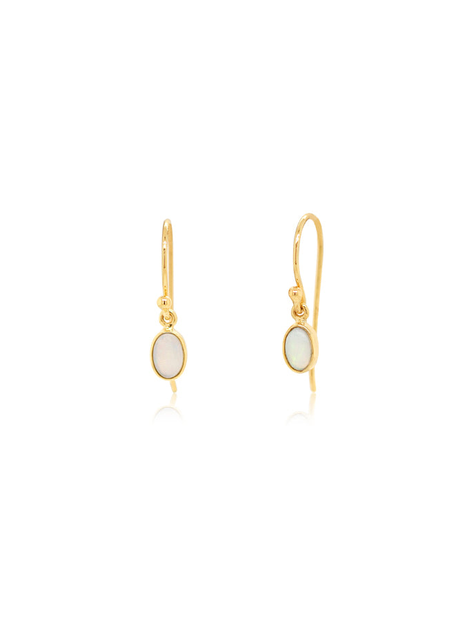 Striking Snowy White Solid Opal Earrings with 9k Yellow Gold drops.
