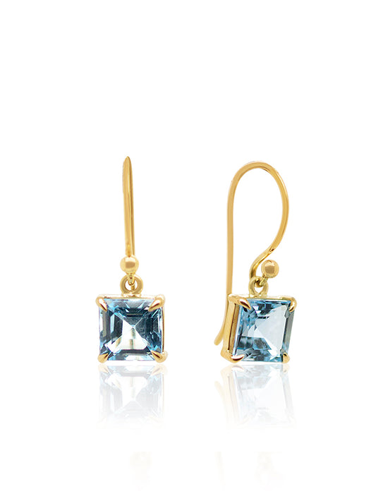Square Blue Topaz Shepherd Hook Drop Earrings in 9 Carat Yellow Gold.