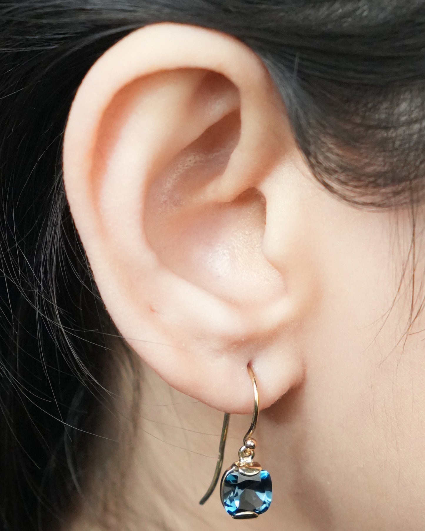 London Blue Topaz Earrings 9k yg shepherd hook drops.