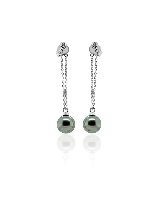 Tahitian Pearl & Diamond, Chain Earrings, 18K White Gold