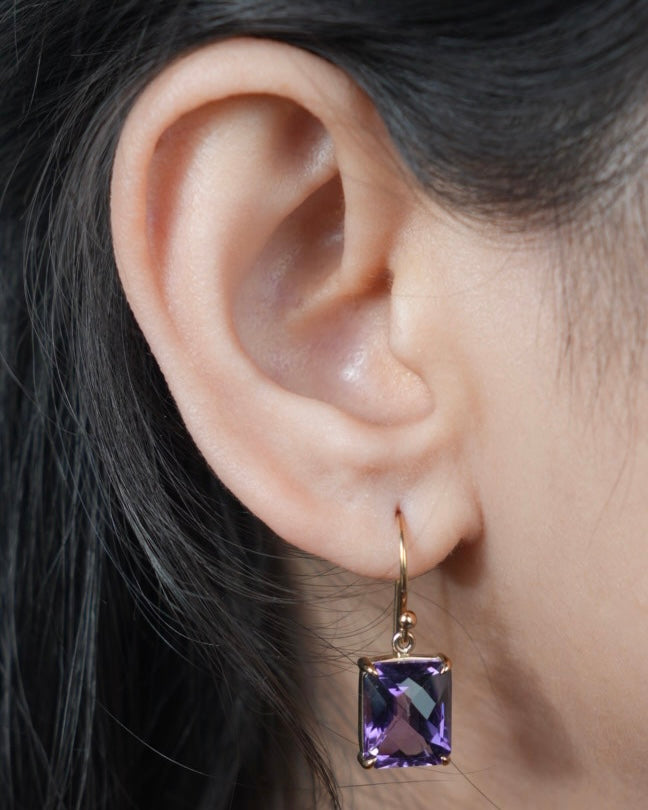Square Cut Amethyst Drops in 9 Carat Yellow Gold