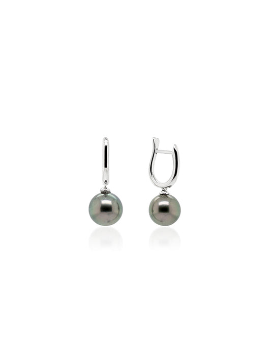 Pair 9mm Tahitian Pearl Huggie Earrings, 9K White Gold