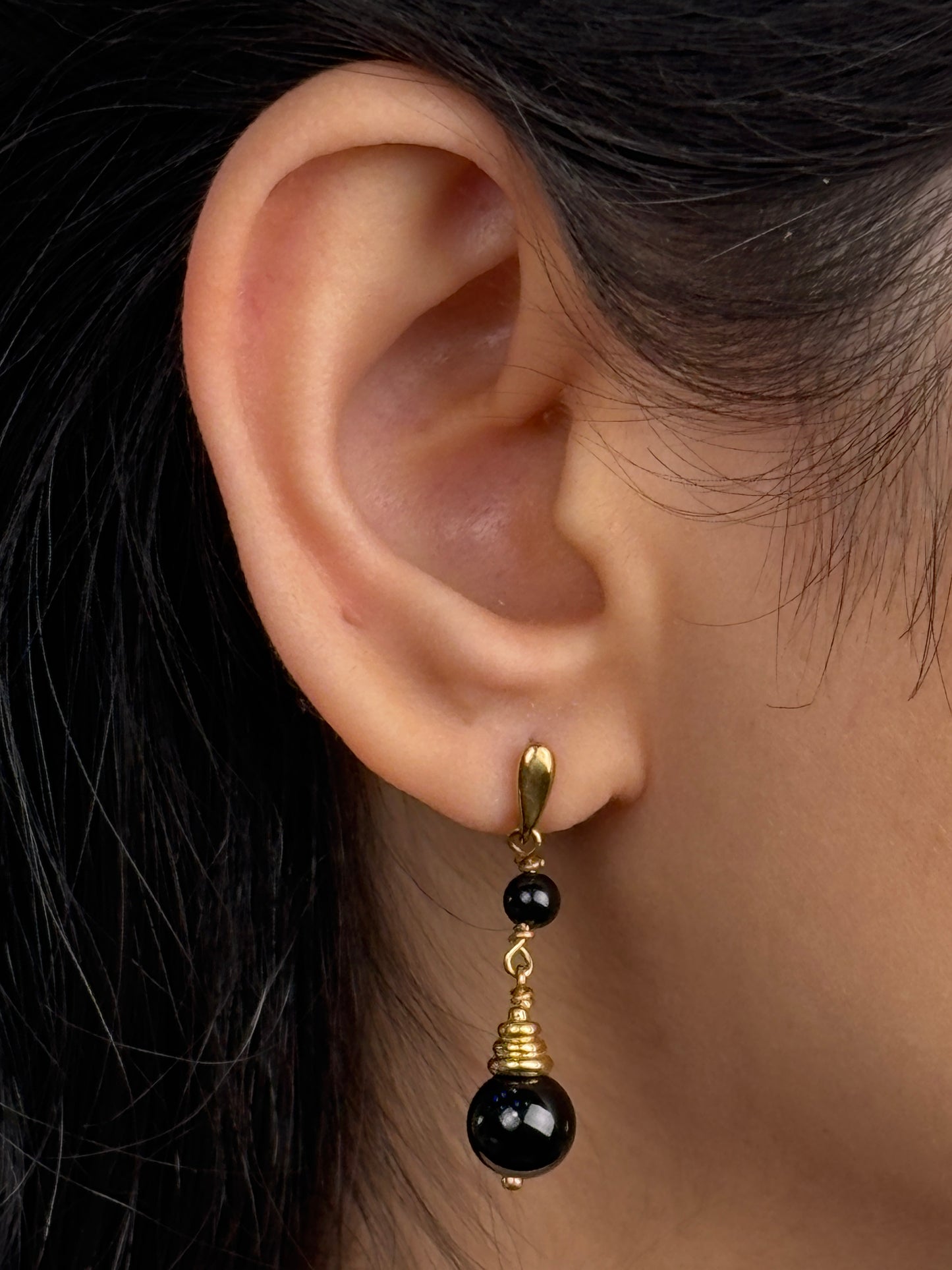 Onyx Stud Drop Earrings, 9K Yellow Gold
