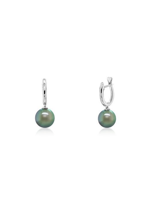 Elegant 9 mm  Tahitian Pearl Huggie Earrings, 9 Carat White Gold