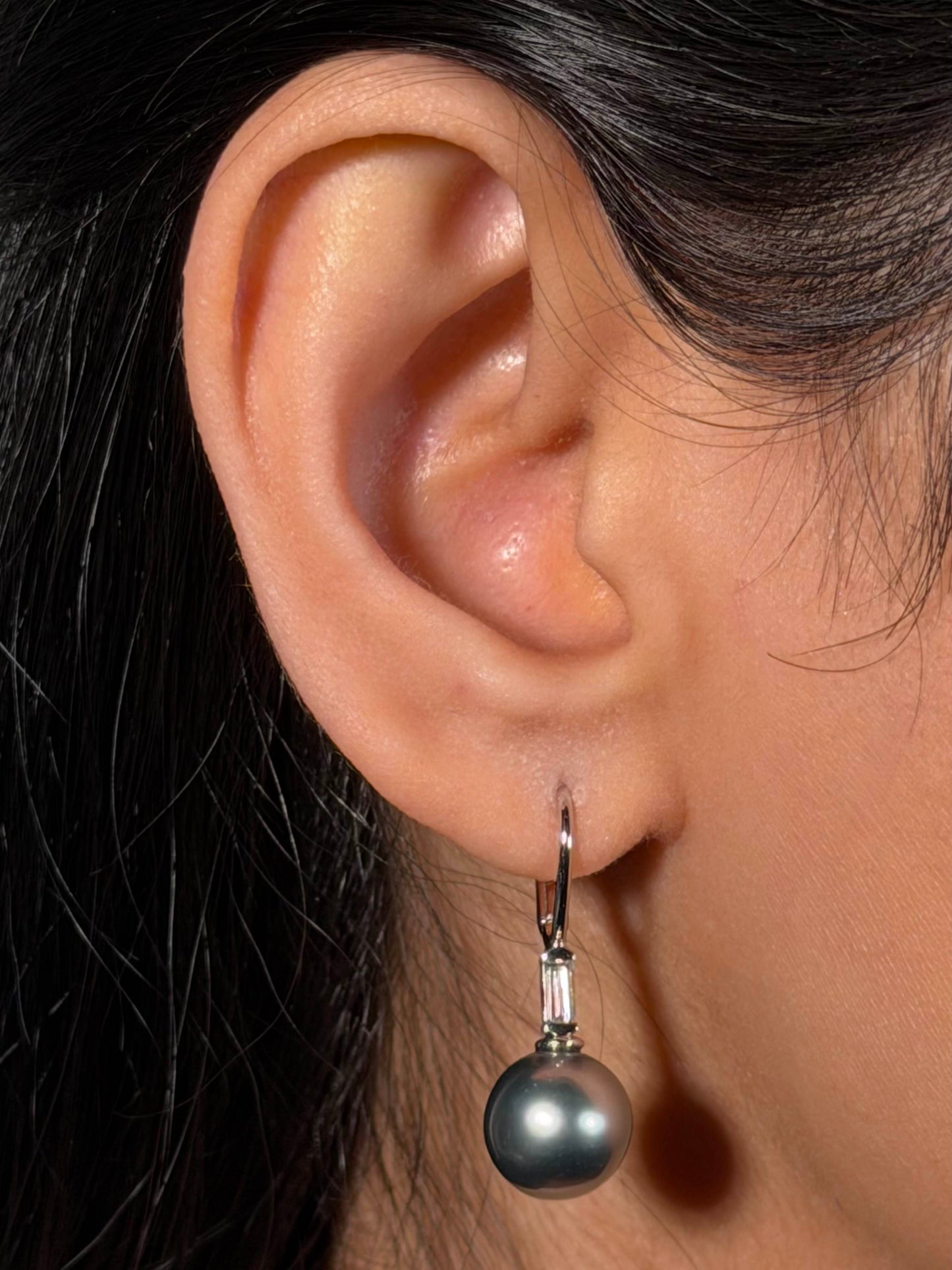Baguette Diamond & 11mm Tahitian Pearl Drop Earrings, 18K White Gold
