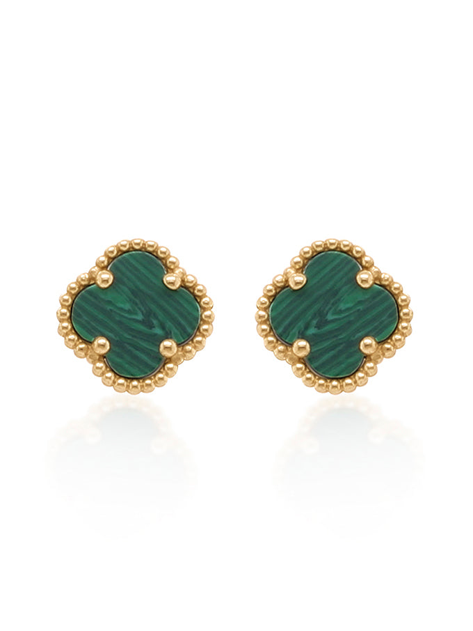 Fancy Small Malachite Clover stud earrings, 9 Carat Yellow Gold
